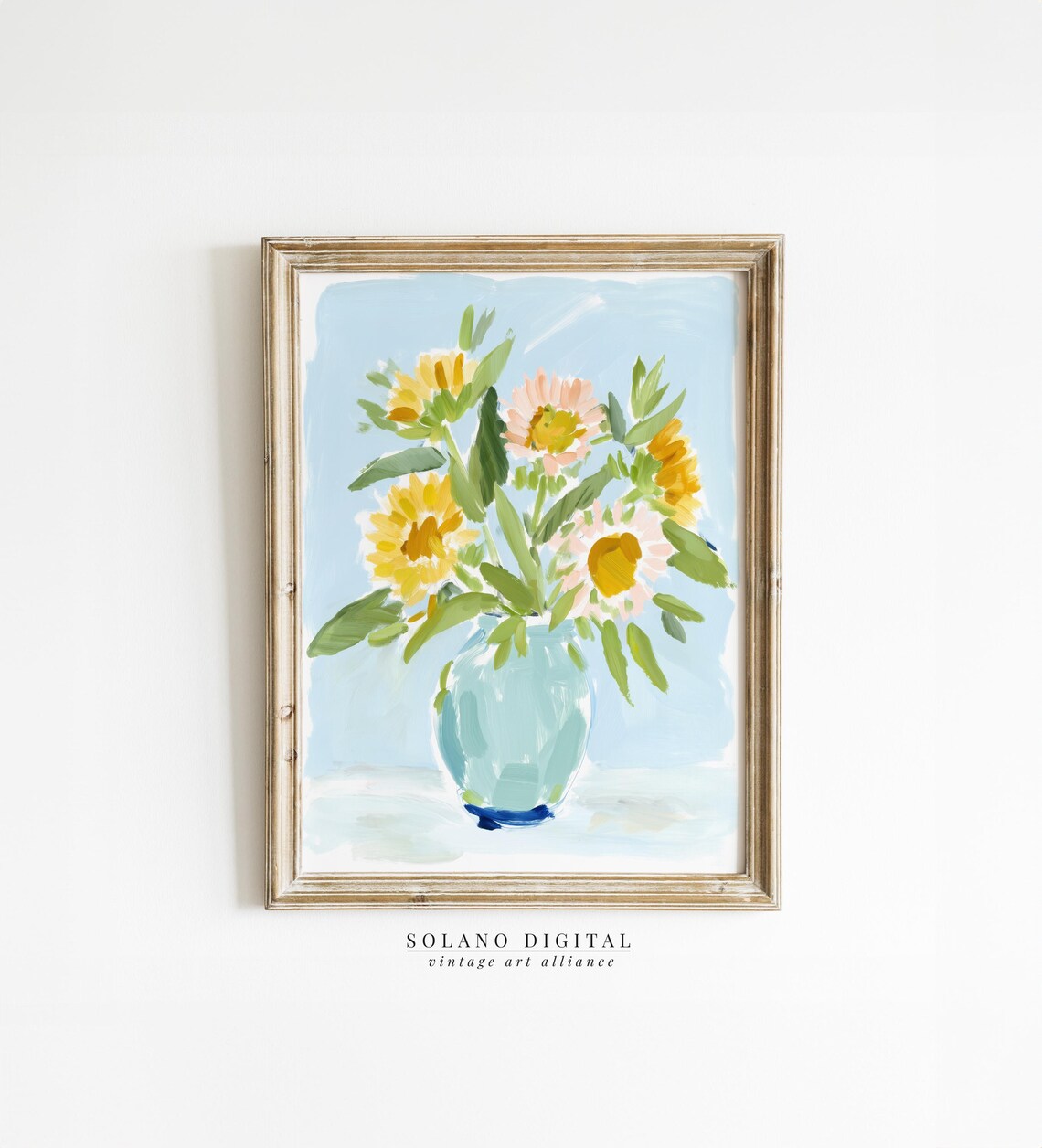 Sunflower Bouquet in Blue Glass Vase Watercolor Floral Art Poster