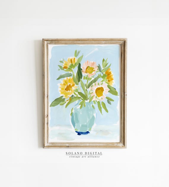 Modern Southern Floral Art Feminine Botanical Decor Wall Sunflowers In A Vase Flower Arrangement Blue Green