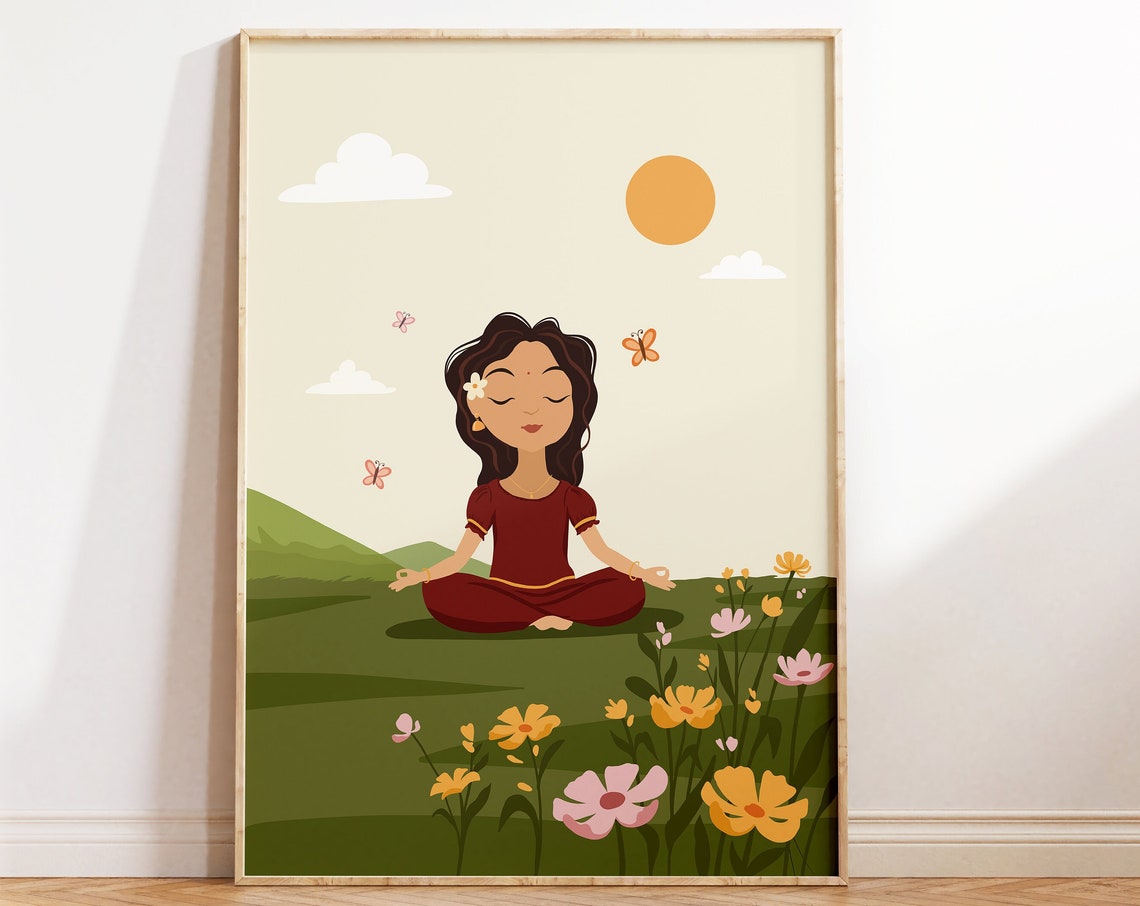 Desi Kid Meditating Art South Asian Art Indian Girls Room Art Desi Art Nursery Wall Art Desi Childrens Room Indian Art Brown Girl