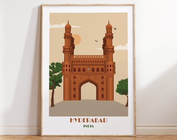 Charminar Poster India Travel Print Hyderabad Wall Art Indian Art Desi Art Telangana Illustration Telugu Home Decor Retro Wall Art