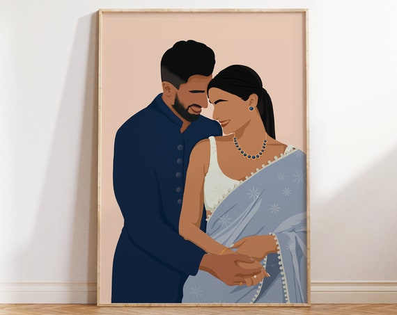 Indian Couple Art Indian Art Desi Art South Asian Art South Indian Art Desi Art Brown Couple Art Valentines Gift For Him For Her