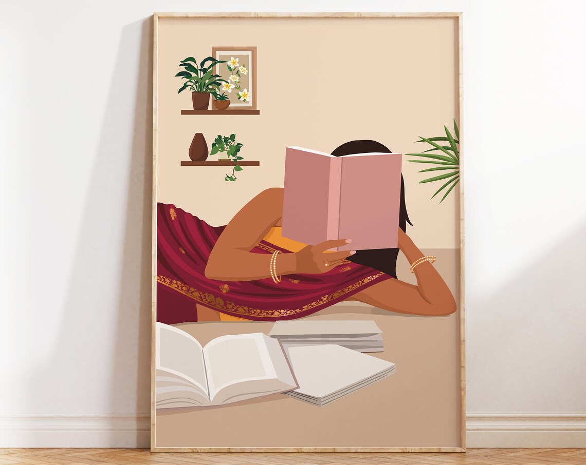 Indian Women In Saree Reading Book, Boho Art