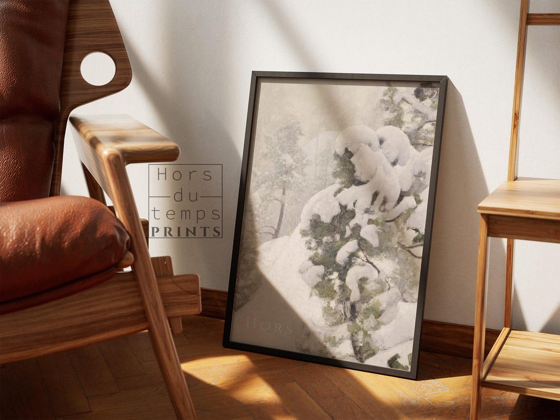 Snow Covered Pine Boughs Muted Sage Green Winter Study Oil Poster - Image 2