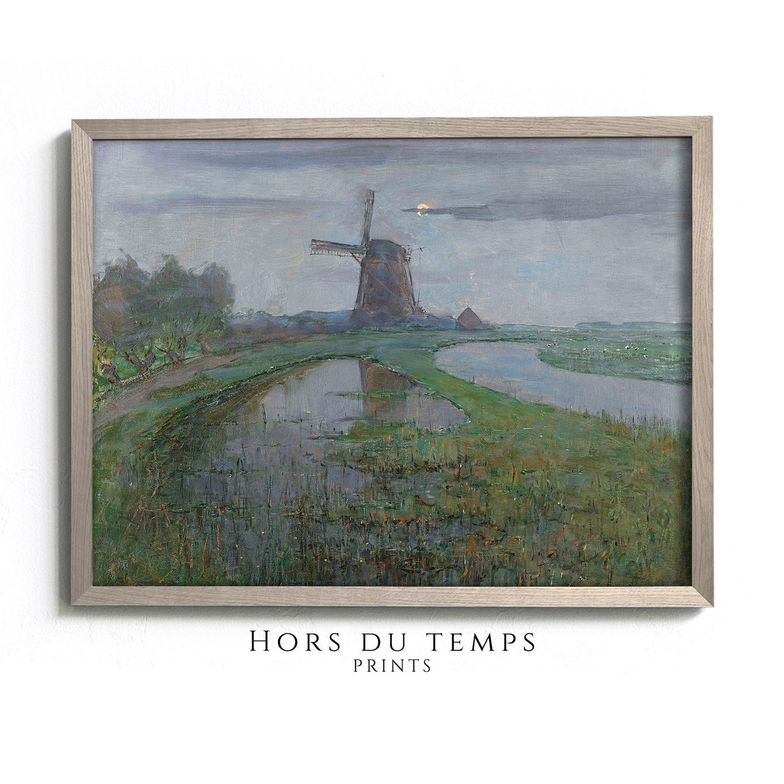 Vintage Moody Dutch Windmill Art Rustic River Landscape Oil Painting Hors Du Temps Prints