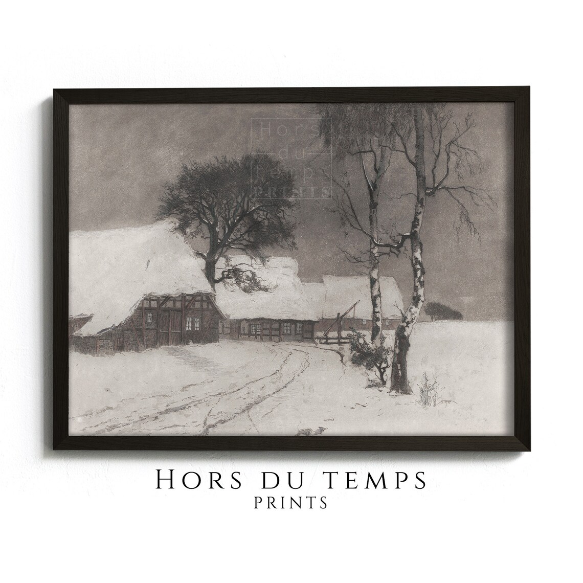 Moody Winter Village Farmhouse Monochrome Snowy Lane Antique Poster
