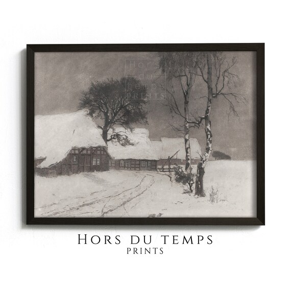 Moody Winter Village Farmhouse Black White Painting Christmas Vintage Art Hors Du Temps Prints