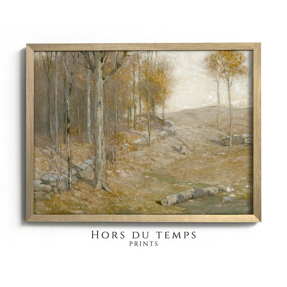 Pale Autumn Birch Woodland Stone Wall Vintage Oil Painting Poster