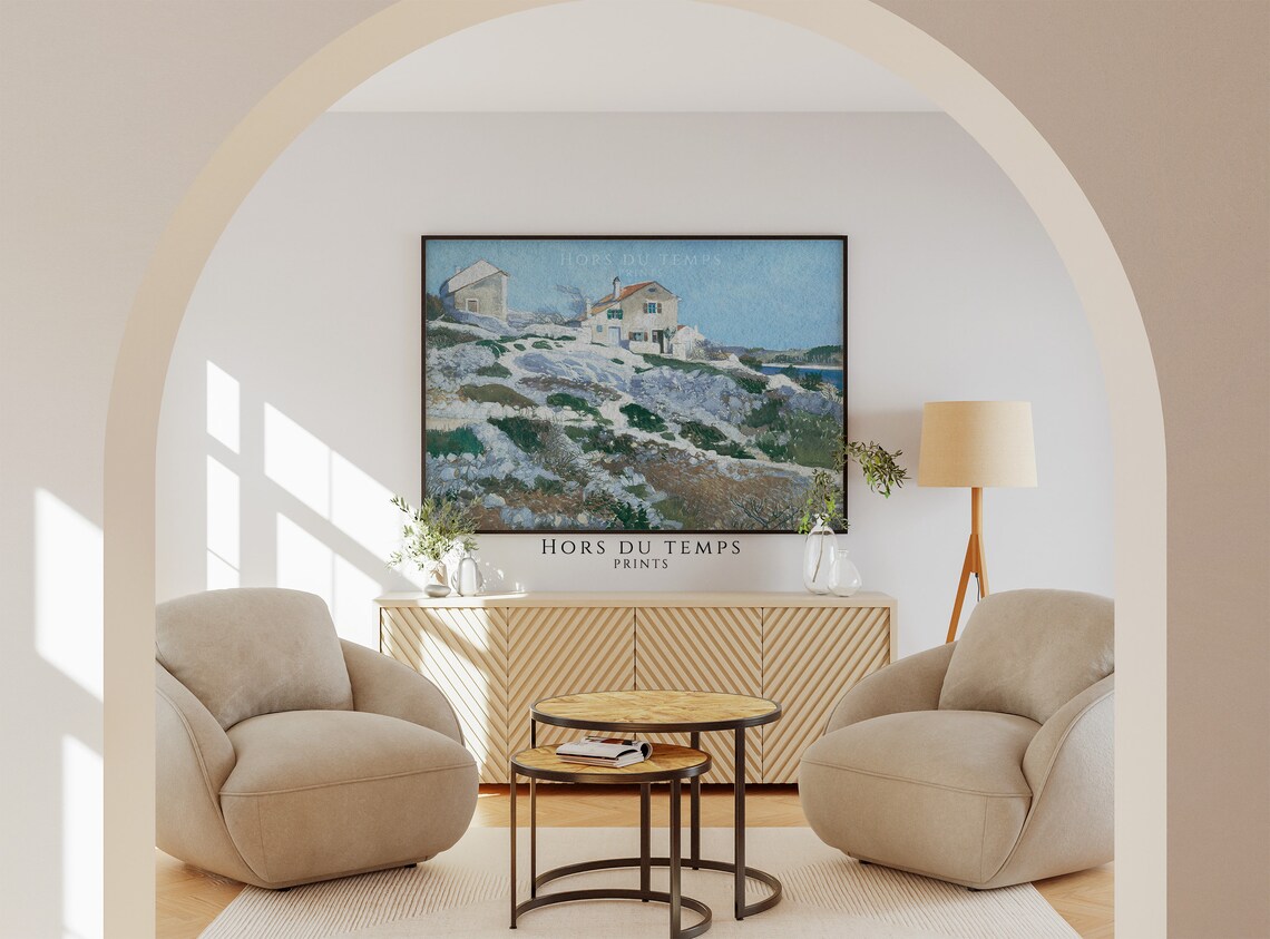 Rocky Hillside Houses in Early Snow Vintage Landscape Art Poster - Image 2