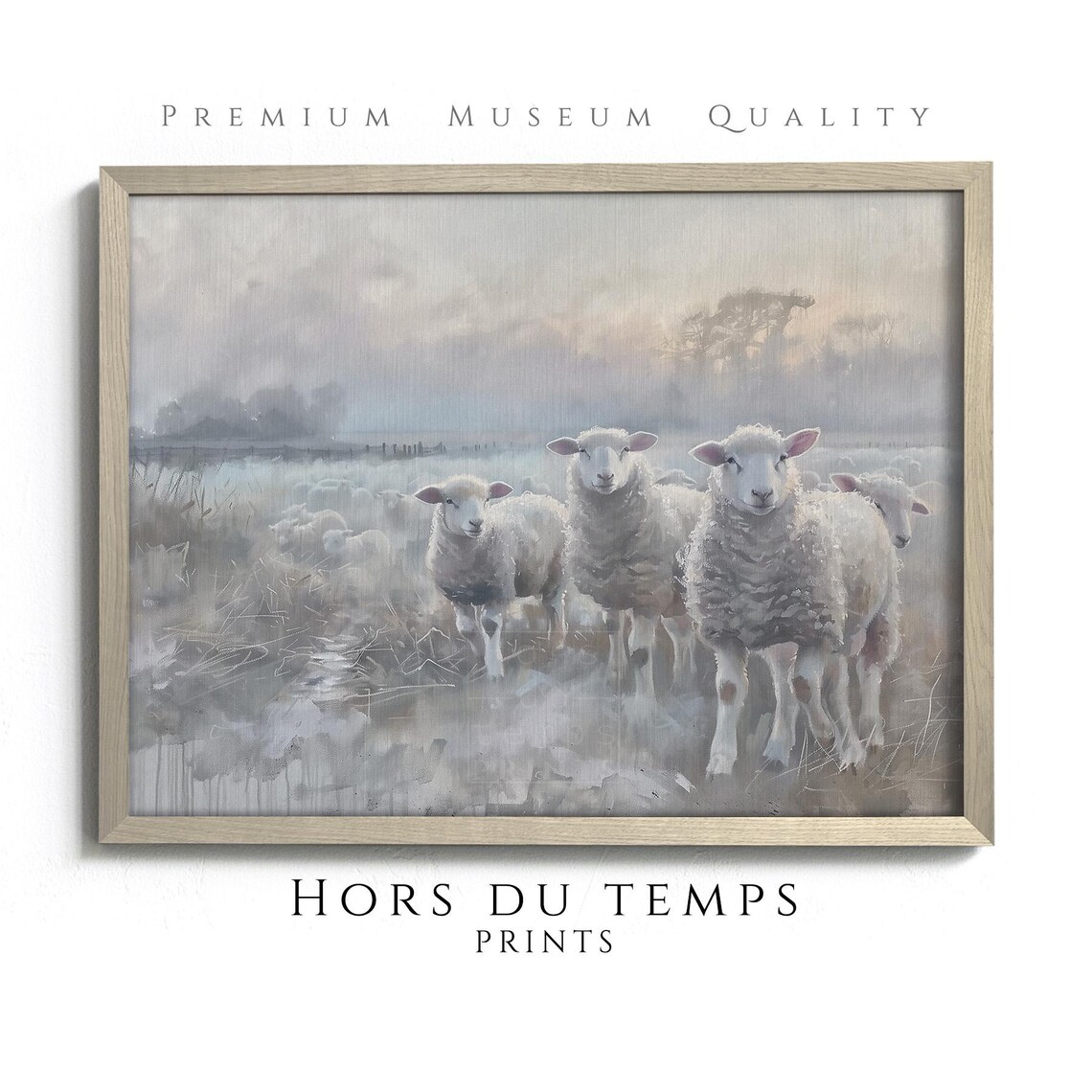 Flock Of Sheep Misty Pasture Muted Farmhouse Country Art Poster