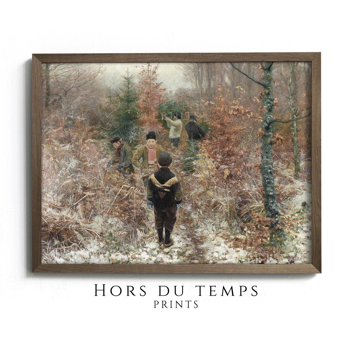 Vintage Children Carrying Christmas Tree Snowy Woods Winter Poster