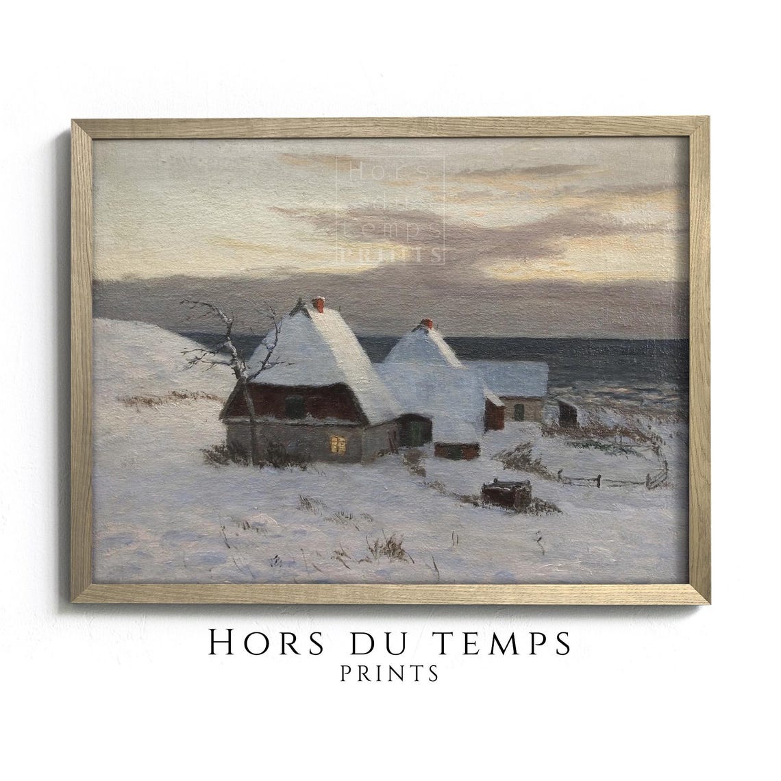 Snowy Seaside Cottages at Dusk with Glowing Window Winter Poster