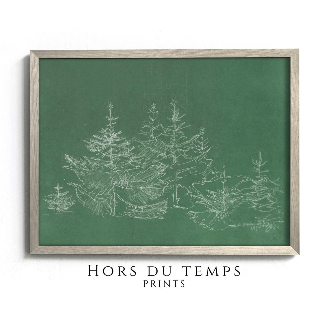 White Line Pine Sketch Deep Green Minimal Christmas Tree Art Poster