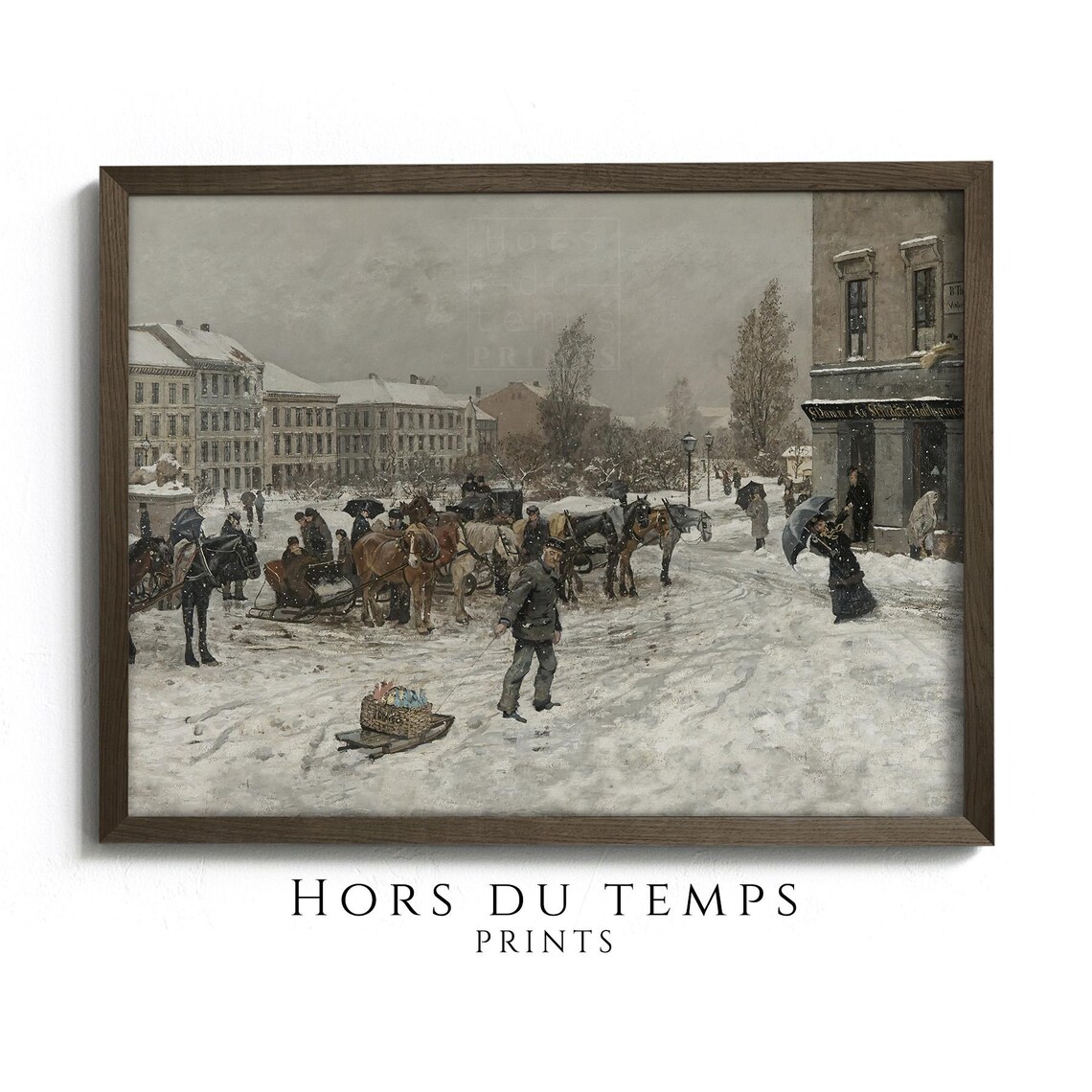 Busy Snowy City Street with Horses and Sleds Vintage Winter Scene Poster