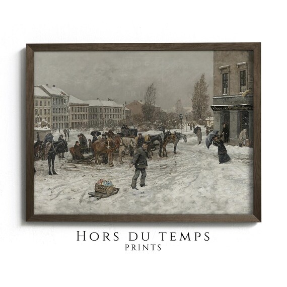 Snowy Town Square Cityscape Painting Moody Cottagecore Vintage Art Muted Winter Tones Hors Du Temps Prints
