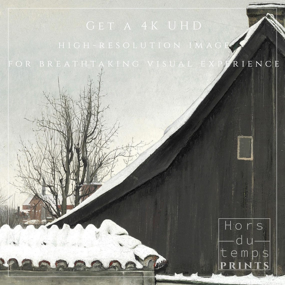Snow Covered Dark Wooden Barn Roof Panoramic Winter Painting Poster - Image 2
