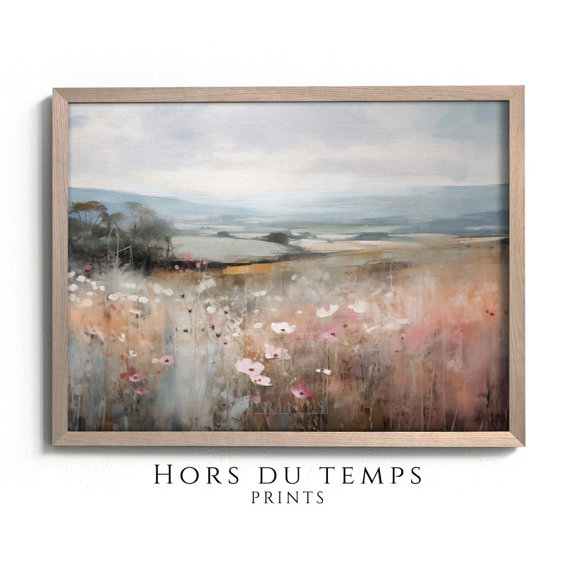 Dreamy Pink Wildflower Field Distant Hills Soft Pastel Painting Poster