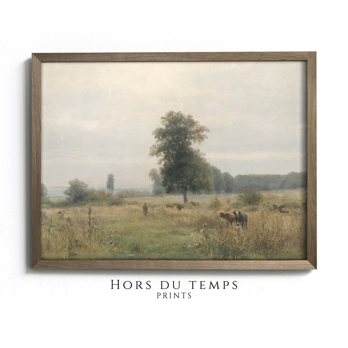 Autumn Meadow Lone Tree Grazing Cows Vintage Pastoral Poster