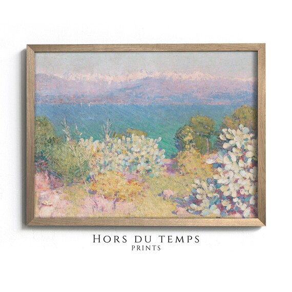 Turquoise Coastal Seascape Flowering Bushes Vintage Art Poster