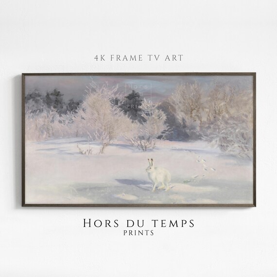 White Hare in Snowy Clearing Frosted Bushes Vintage Winter Painting Poster