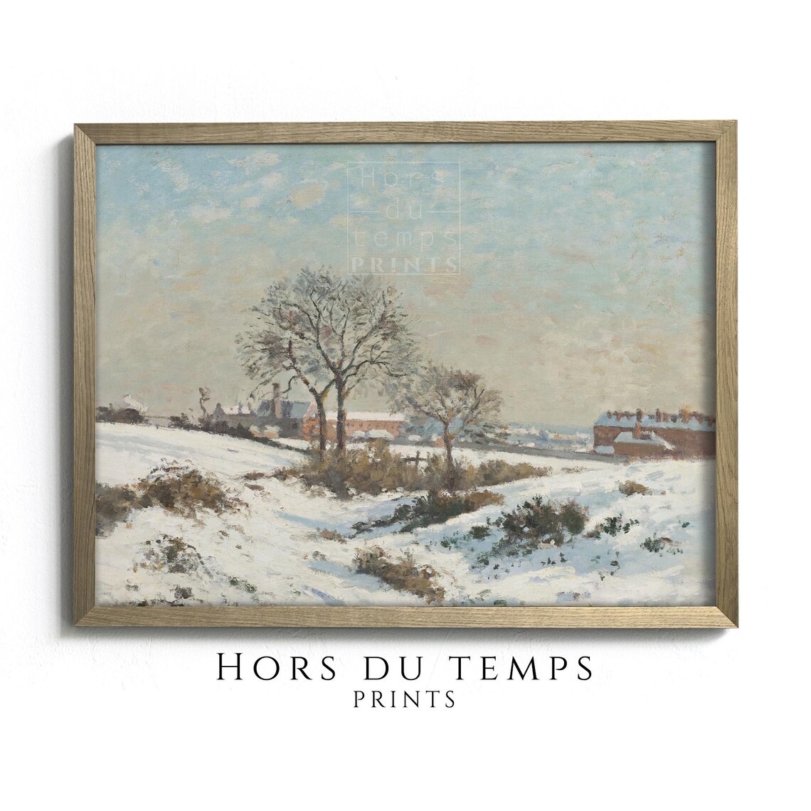 Snowy Field Village Houses Pale Blue Sky Peaceful Winter Art Poster