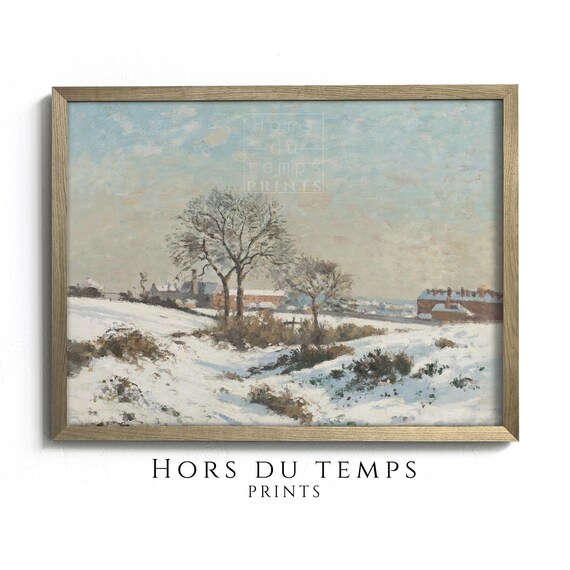 Snowy Field Village Houses Pale Blue Sky Peaceful Winter Art Poster
