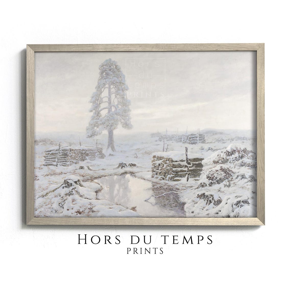 Lone Snowy Pine Tree in a Foggy Field Winter Landscape Poster