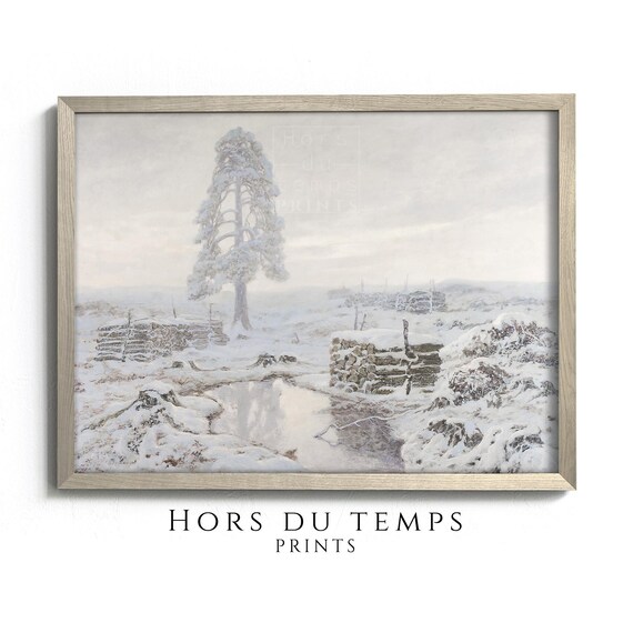 Lone Snowy Pine Tree in a Foggy Field Winter Landscape Poster