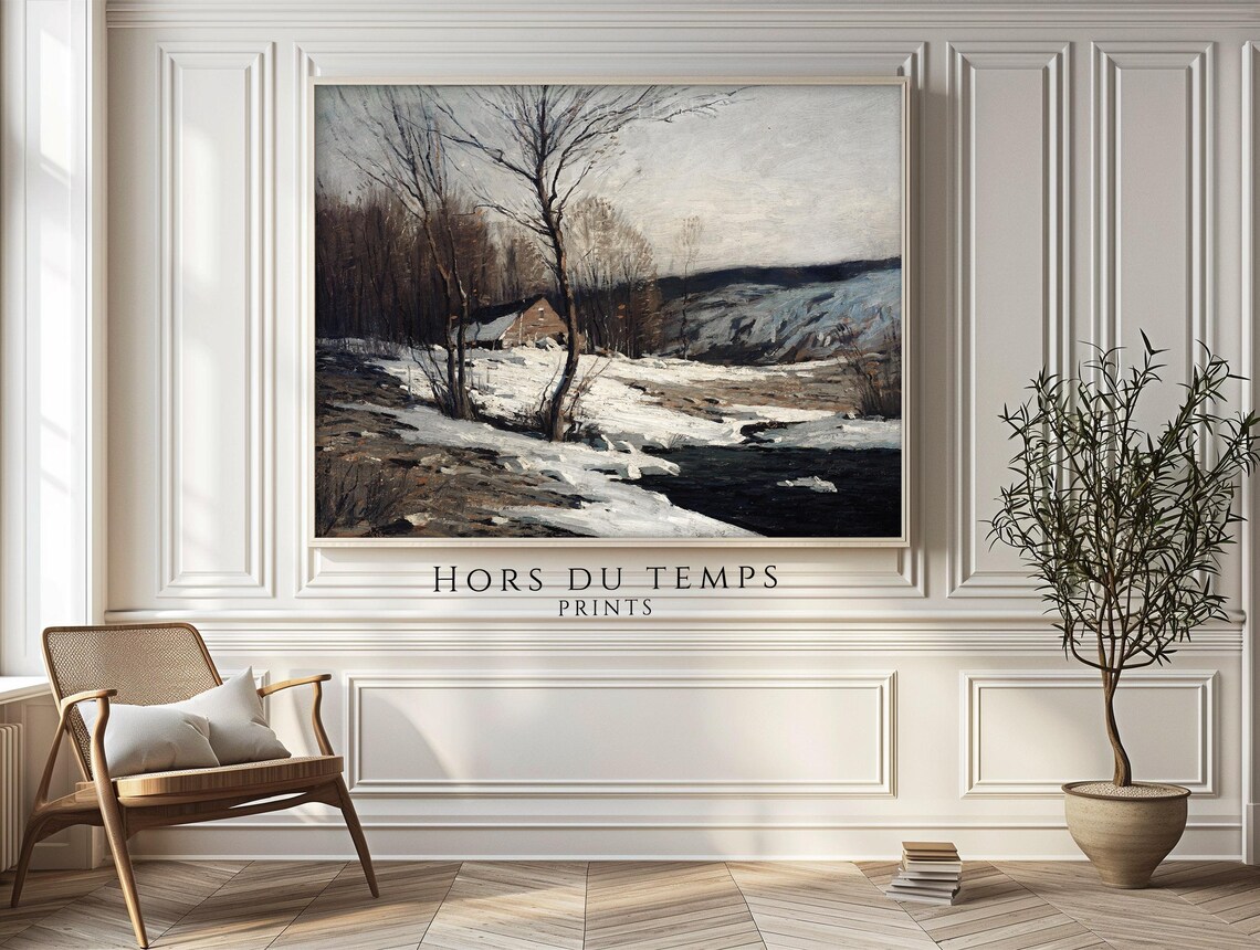 Moody Winter Farmhouse Dark River Snowy Trees Vintage Oil Painting Poster - Image 2