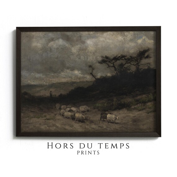 Moody Field Landscape Painting Farm Animal Vintage Art Village Farmhouse Wall Decor Hors Du Temps Prints
