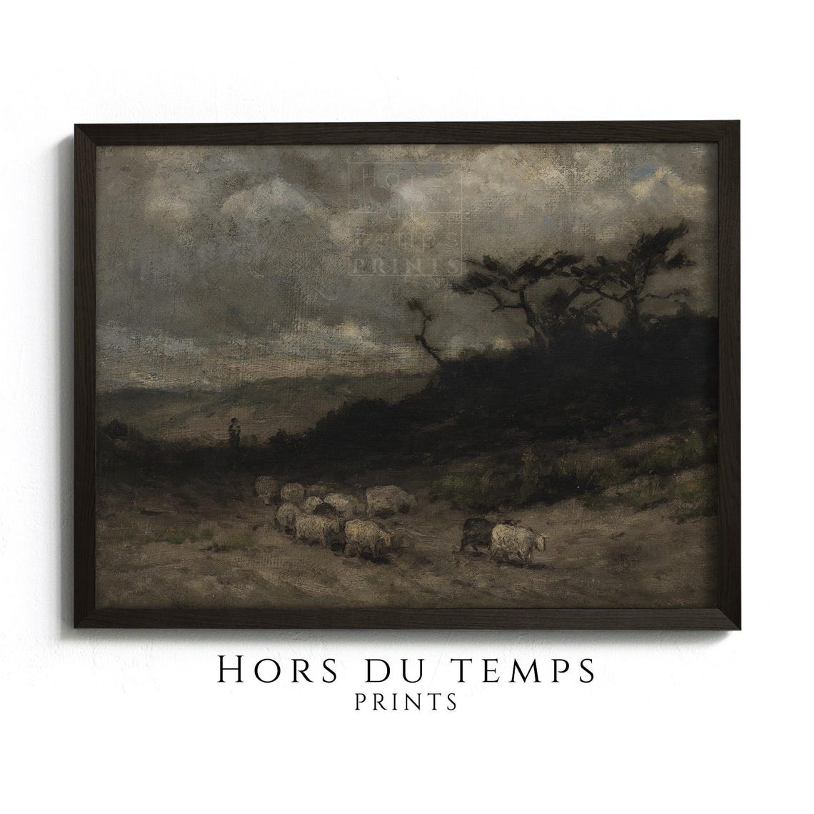 Dark Vintage Sheep Hillside Dusk Shepherd Windswept Trees Poster