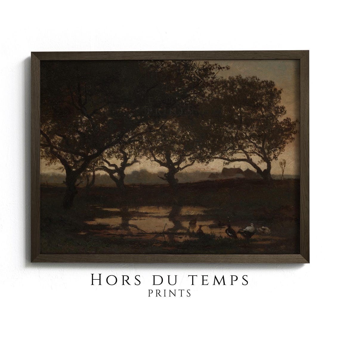 Moody Vintage Landscape Dark Trees Pond Ducks Dusk Art Poster
