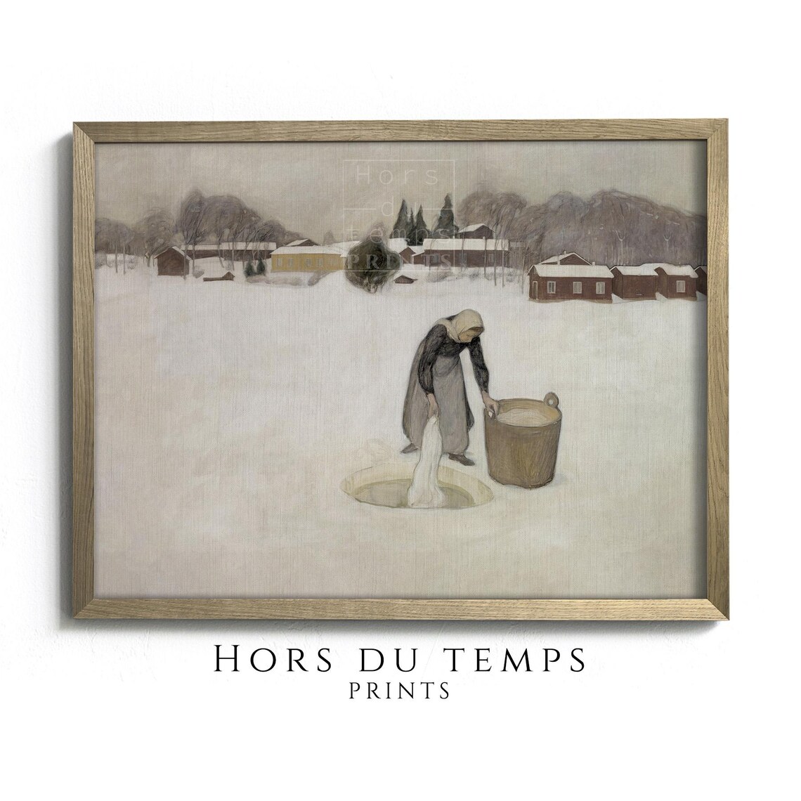 Woman Drawing Water Ice Hole Winter Village Vintage Figurative Poster