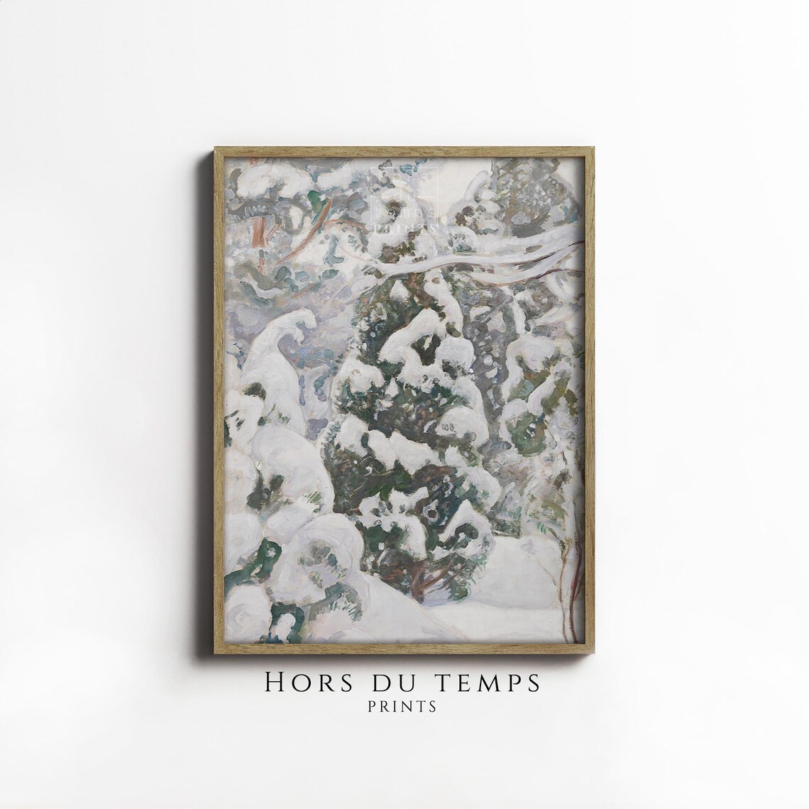 Snow Laden Juniper Trees Muted Sage Winter Botanical Oil Painting Poster