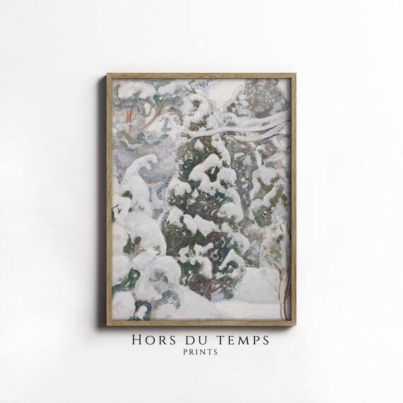 Snow Laden Juniper Trees Muted Sage Winter Botanical Oil Painting Poster