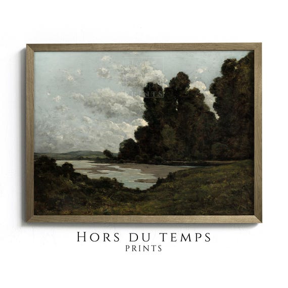 Muted Dark Green Landscape Painting Village Farmhouse Vintage Art Hors Du Temps Prints