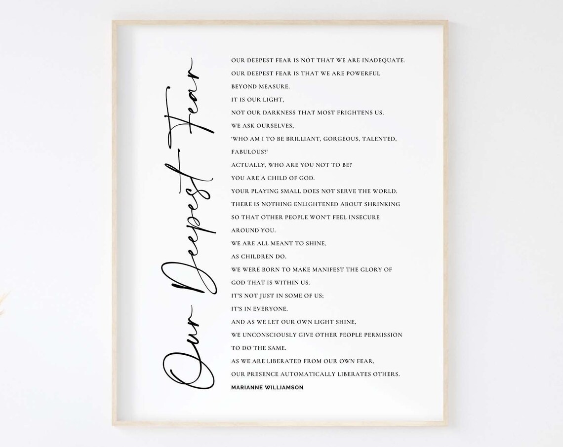 Our Deepest Fear By Marianne Williamson Inspirational Poem Poster