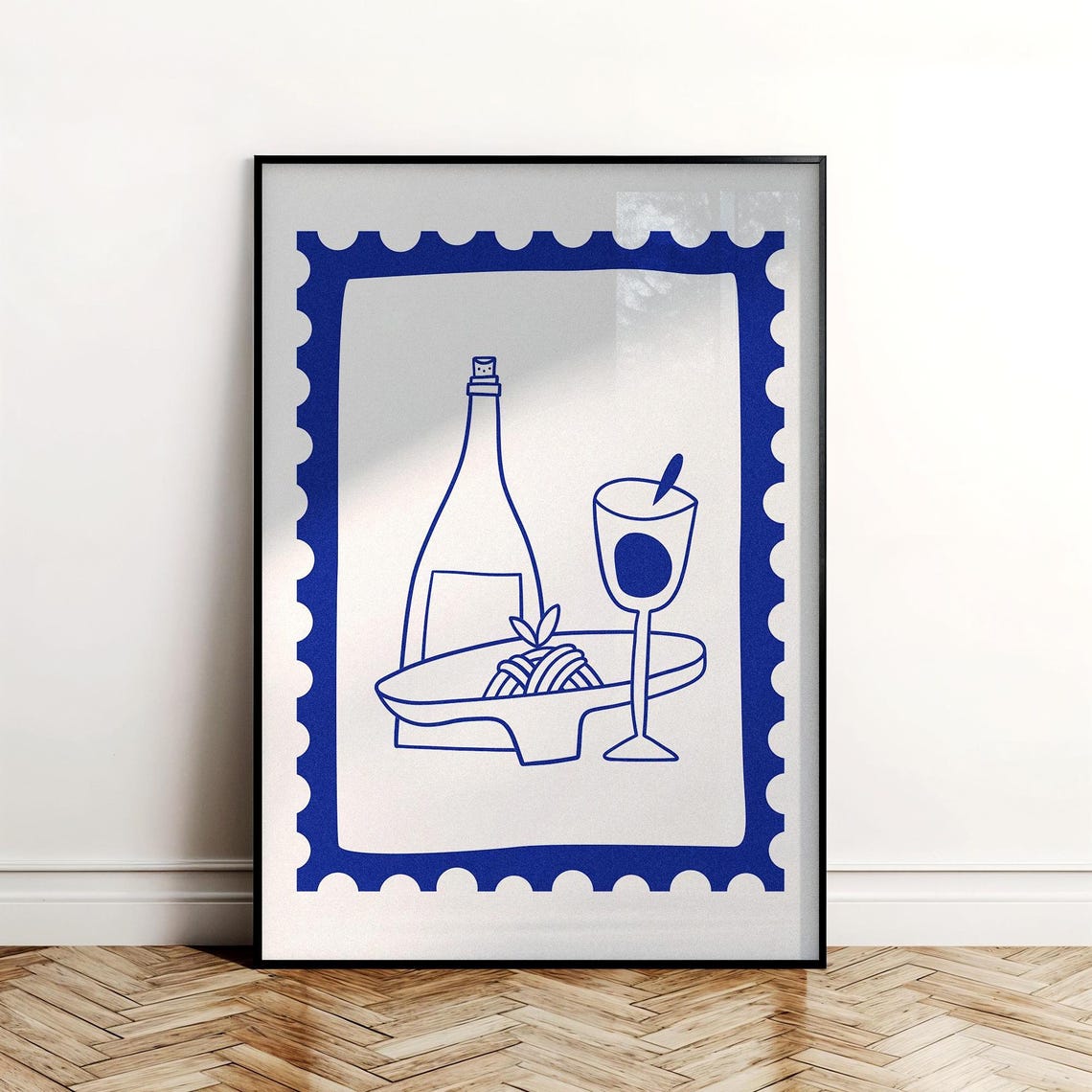 Italian Wine and Pasta Postage Stamp Line Art Blue Kitchen Poster