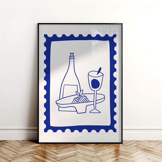 Italian Wine and Pasta Postage Stamp Line Art Blue Kitchen Poster