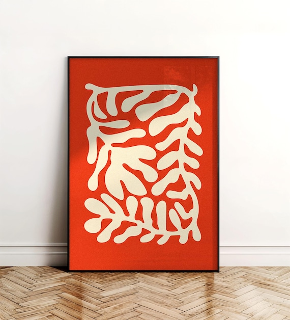 Coral Orange Abstract Botanical Mid Century Modern Style Poster