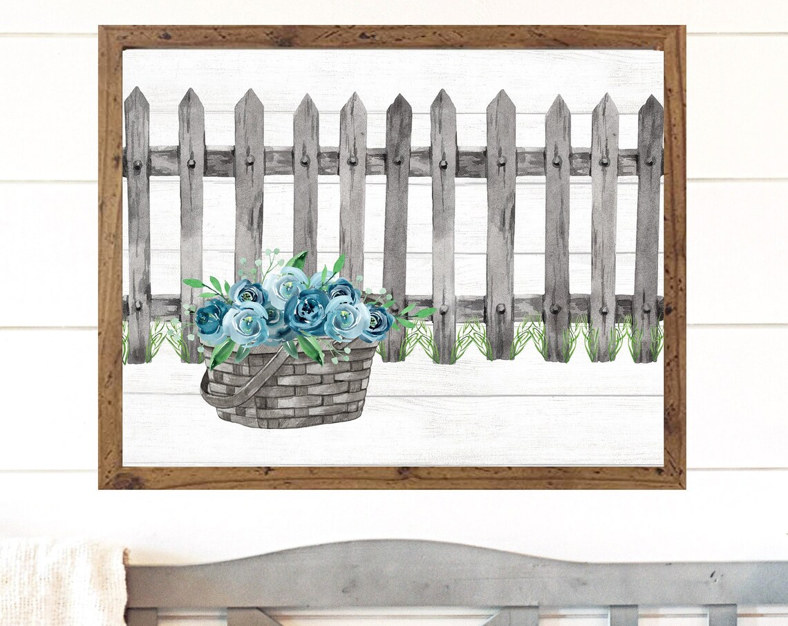 Gray Basket of Teal Blue Roses by Weathered Picket Fence Poster