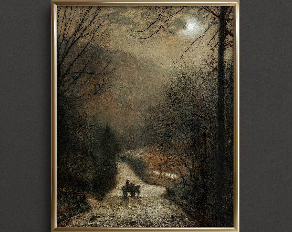 Moonlit Country Road Vintage Oil Painting Night Sky Moody Landscape Poster