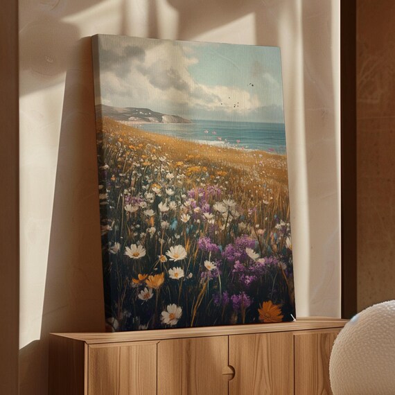 Vibrant Coastal Wildflower Meadow with Cliffs Ocean Horizon Poster