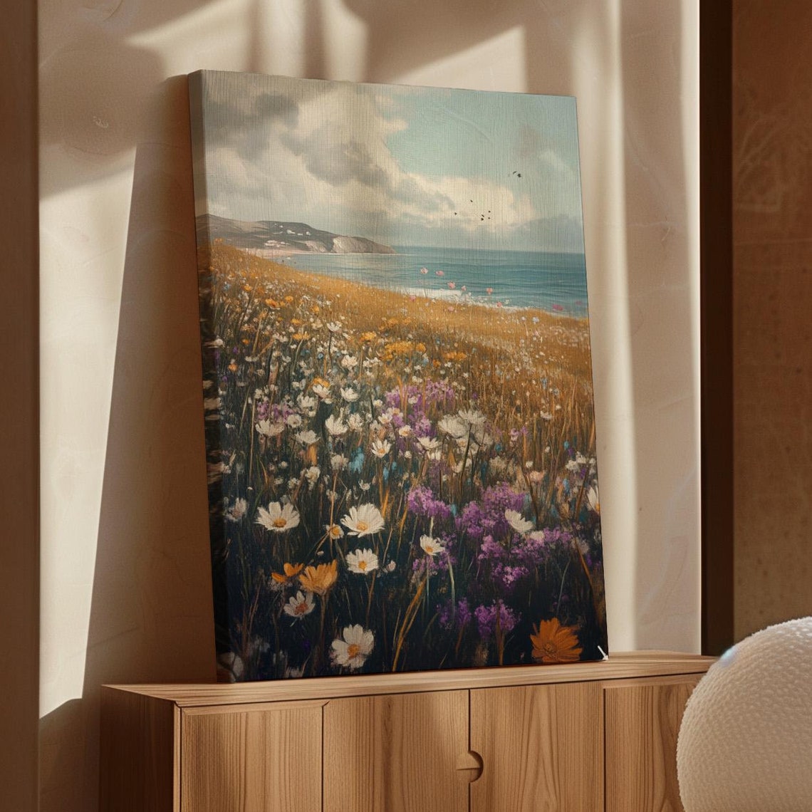 Vibrant Coastal Wildflower Meadow with Cliffs Ocean Horizon Poster