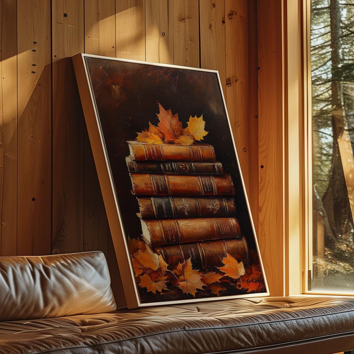 Stack of Antique Books With Autumn Maple Leaves Dark Still Life Poster