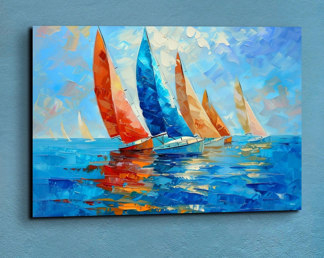 Colorful Sailboats Impasto Palette Knife Ocean Regatta Poster