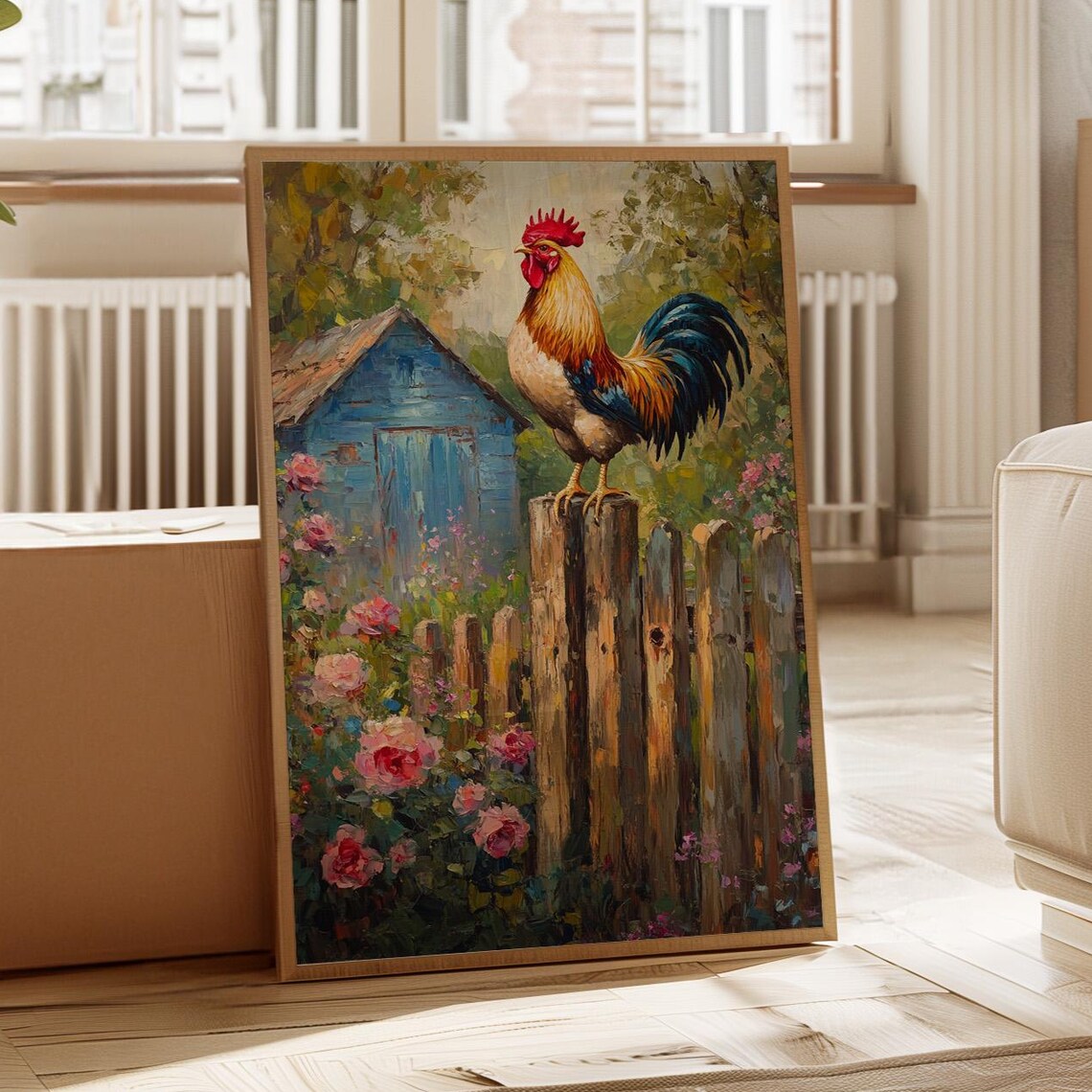 Colorful Rooster On Wooden Fence Flower Garden Farmhouse Art Poster