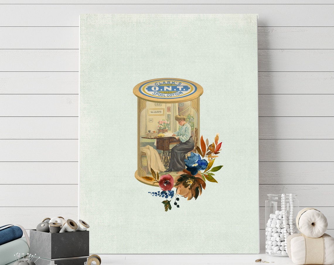 Clark's O.N.T. Spool Cotton Vintage Sewing Room Floral Poster