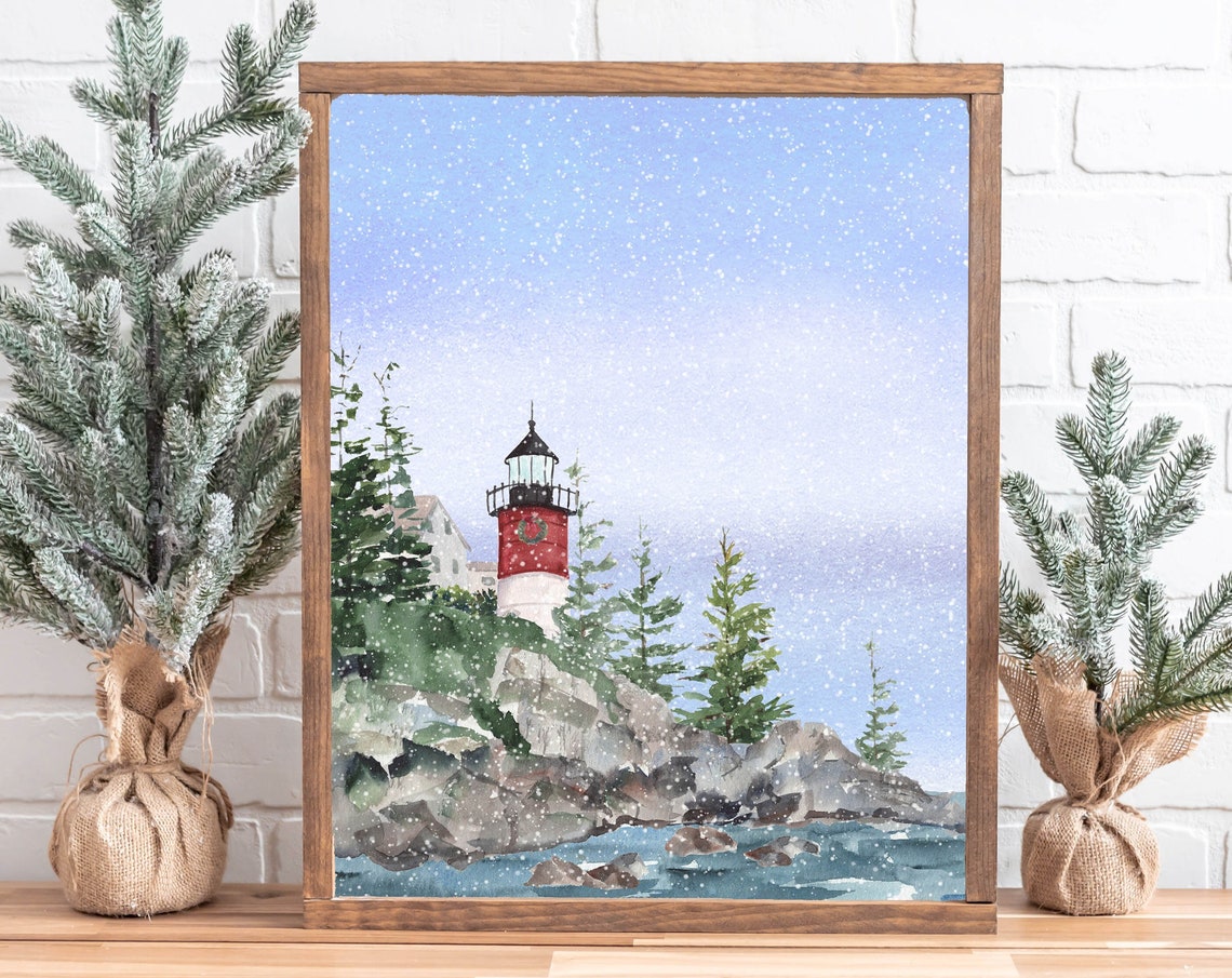 Winter Lighthouse Snowy Coastal Scene Watercolor Rocky Shore Poster