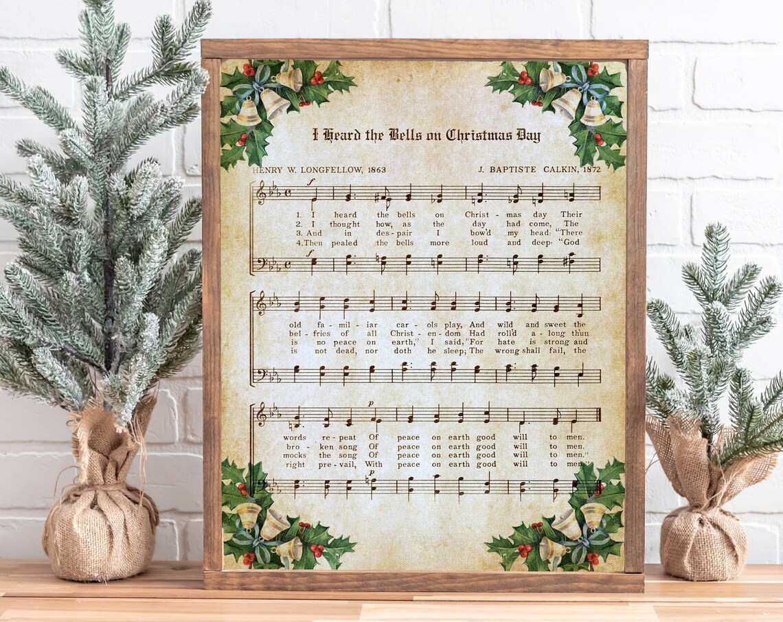 I Heard the Bells on Christmas Day Vintage Hymn Sheet Music Poster