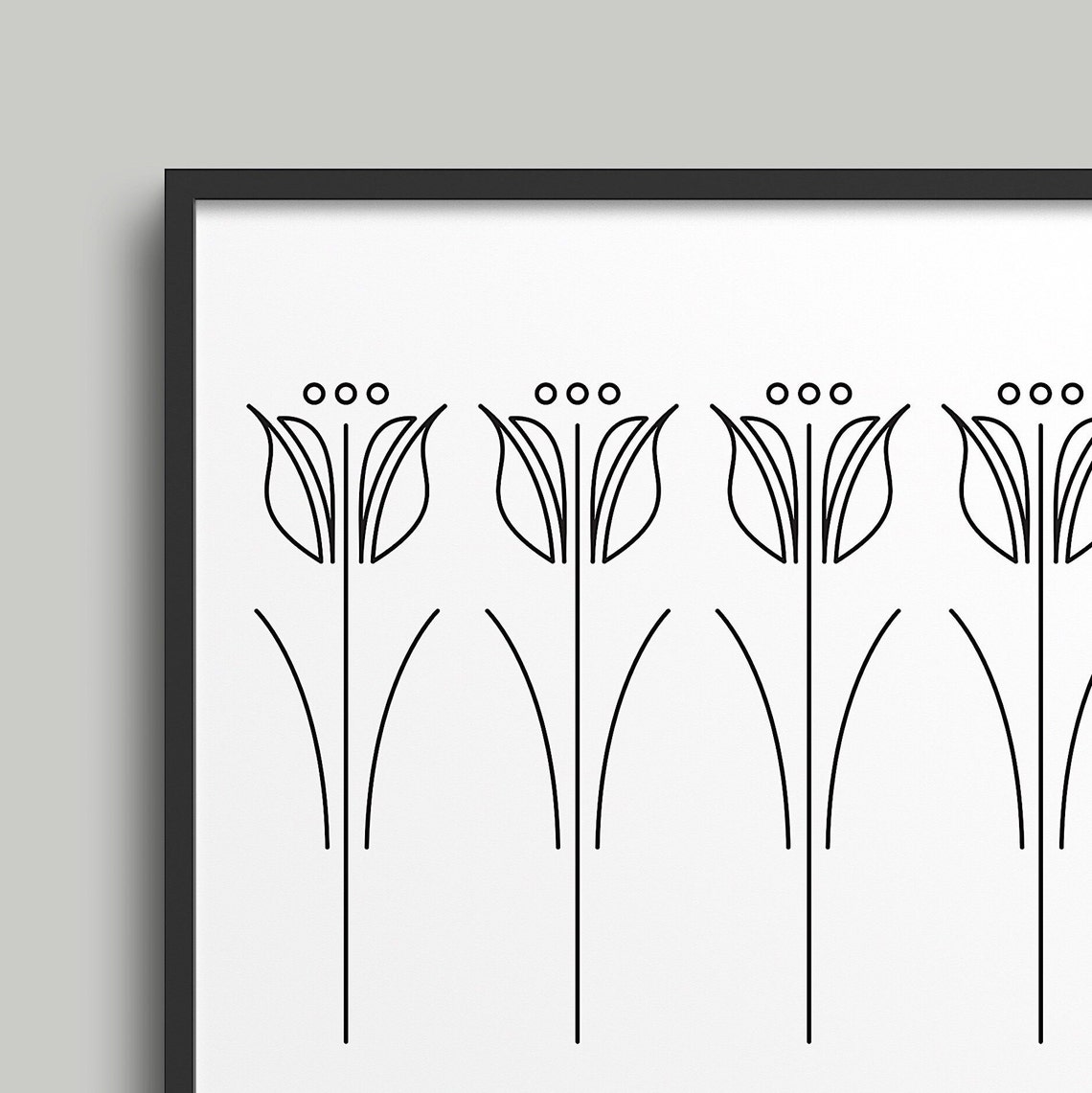 Five Tulips Black Line Art Minimalist Botanical Drawing Poster - Image 2